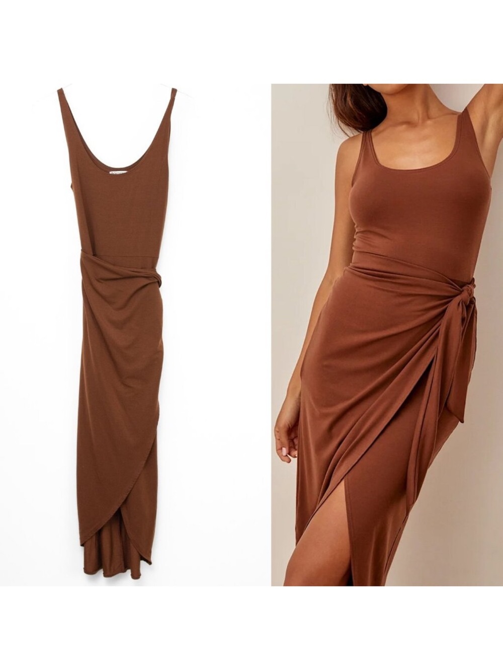 Reformation Kaila Knit Dress Jersey Wrap Midi Stretch Chestnut Brown Size Medium